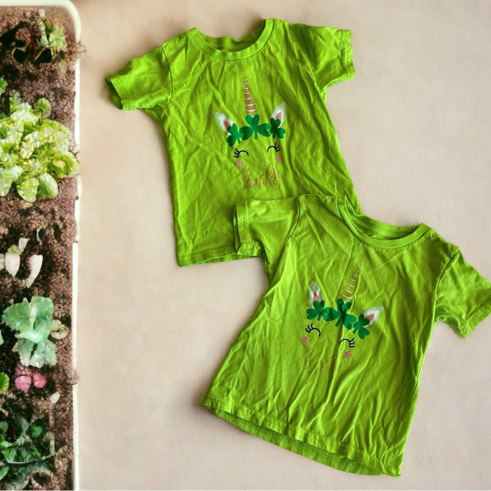 Set of 2 size 4t March St Patricks day unicorn shorts short sleeve bright green